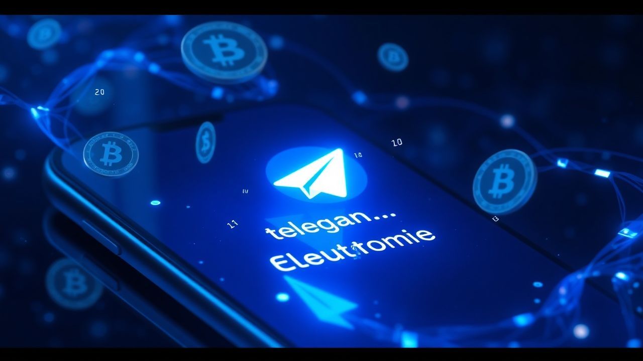 Цифровой интерфейс мессенджера Telegram с эффектом загрузки текста и символами валют