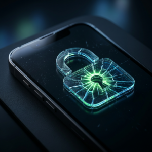 Разбитый замок на экране iPhone как символ нарушения безопасности