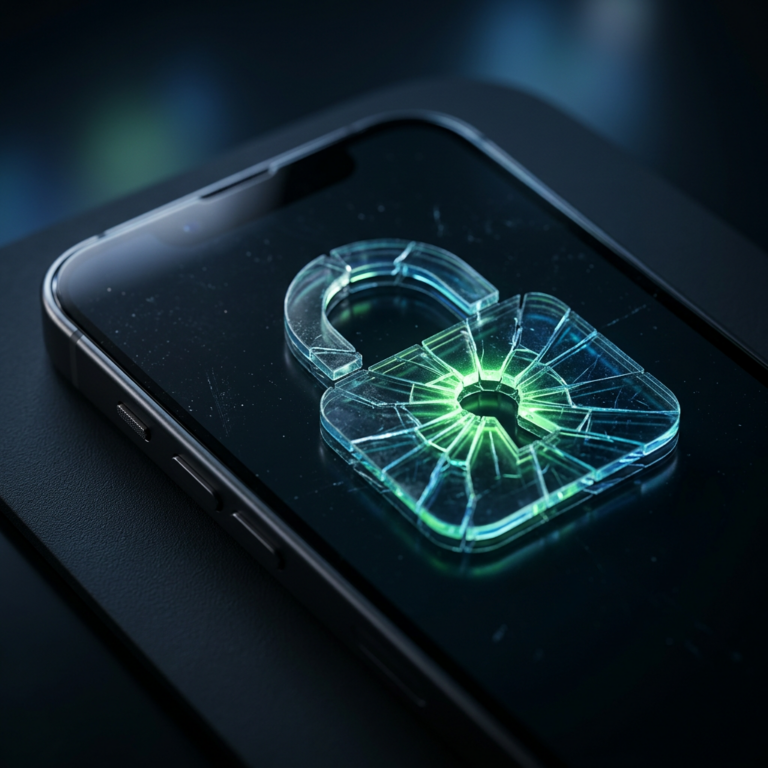 Разбитый замок на экране iPhone как символ нарушения безопасности