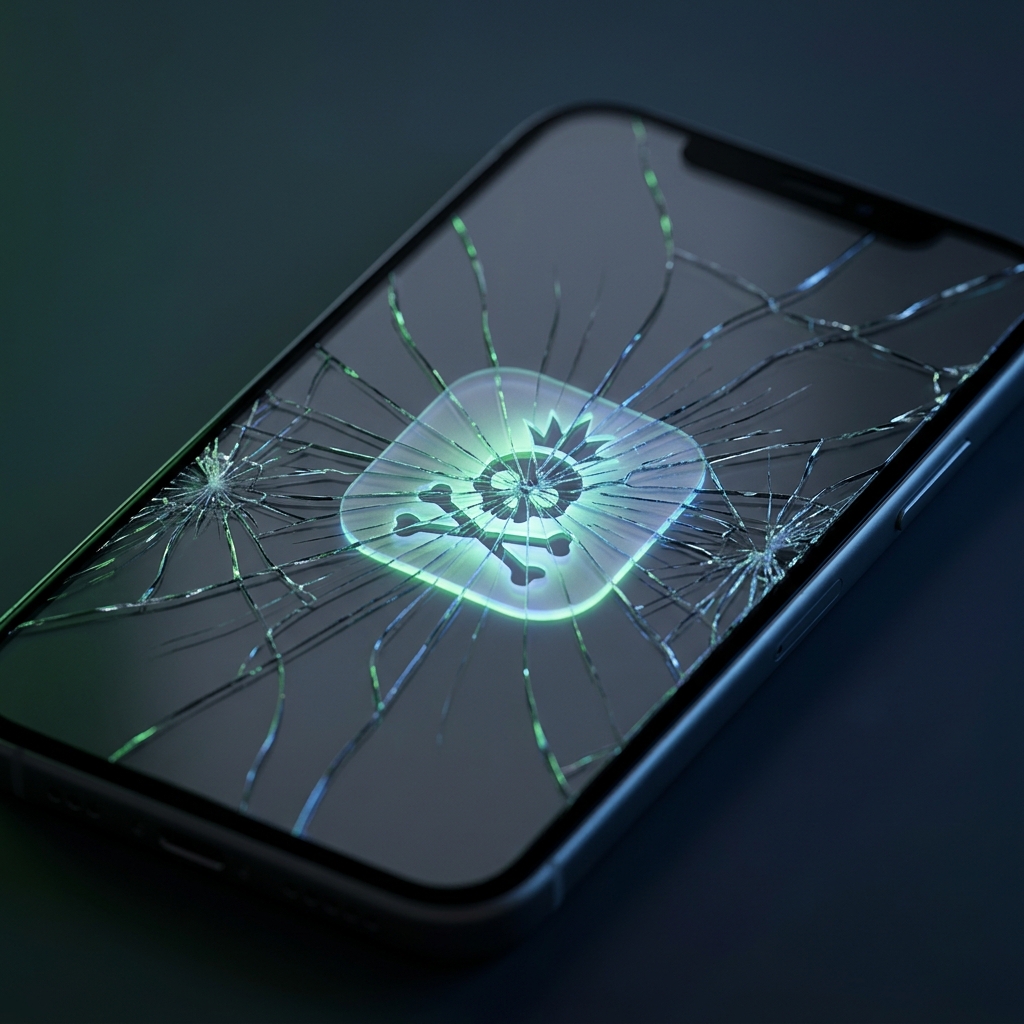 Треснувший экран iPhone с иконкой джейлбрейка, символизирующий уязвимость