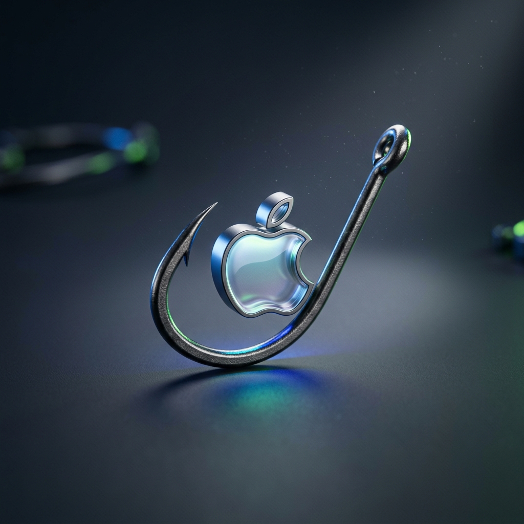 Рыболовный крючок с логотипом Apple, символизирующий фишинговые атаки на iPhone