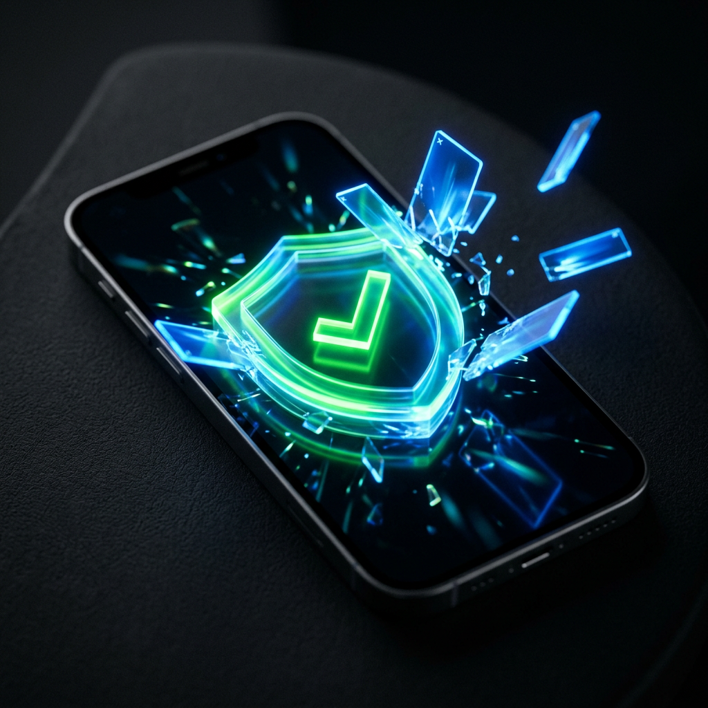 Цифровой щит на экране смартфона с галочкой, отражающий полупрозрачные рекламные окна.
