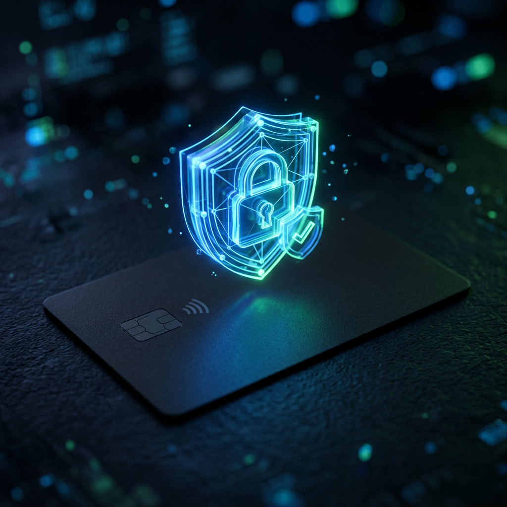 Кредитная карта с голографическим замком на фоне Kaspersky