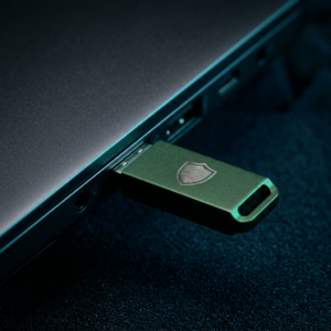 USB-флешка с эмблемой щита, подключенная к ноутбуку для сканирования на вирусы