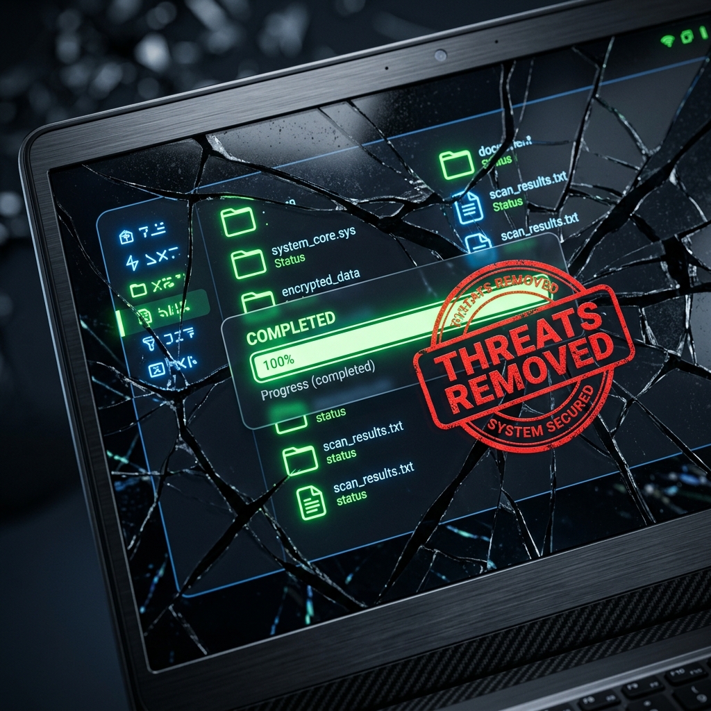 Треснутый экран с завершенной проверкой Kaspersky Rescue Disk и штампом 'угрозы удалены'.