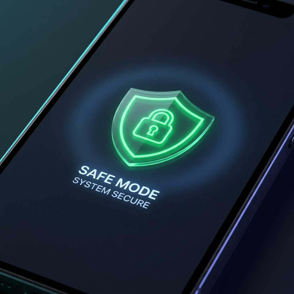 Смартфон в безопасном режиме с зеленым щитом на экране, без лишних приложений
