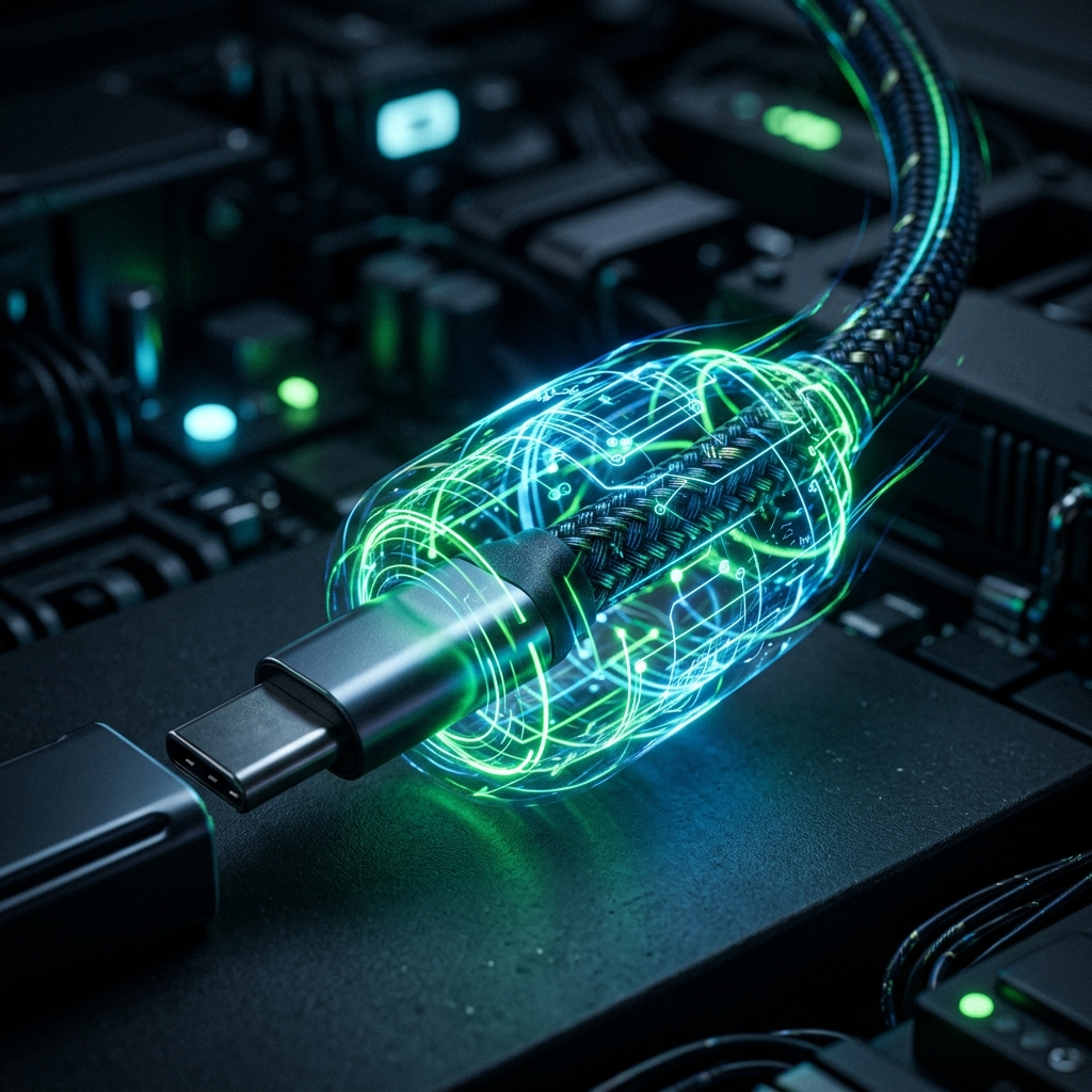 USB-кабель с символом защиты и антивирусного сканирования.