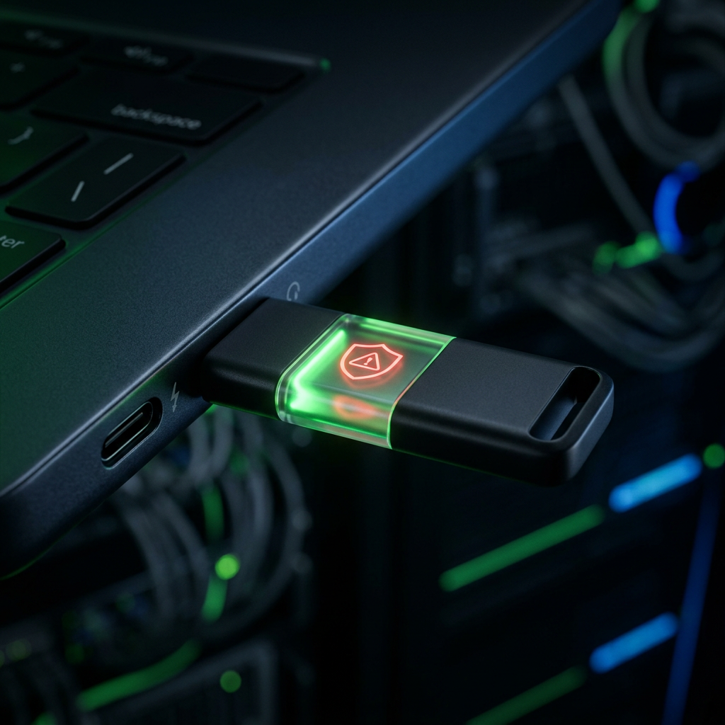 USB-флешка, вставленная в ноутбук, с горящим красным индикатором предупреждения безопасности