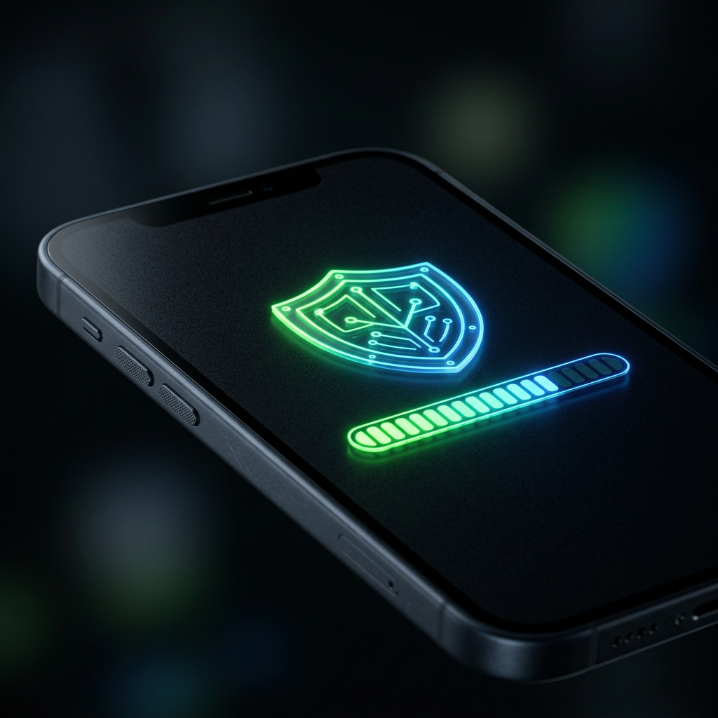 Смартфон с процессом сброса до заводских настроек и иконкой защитного щита на экране