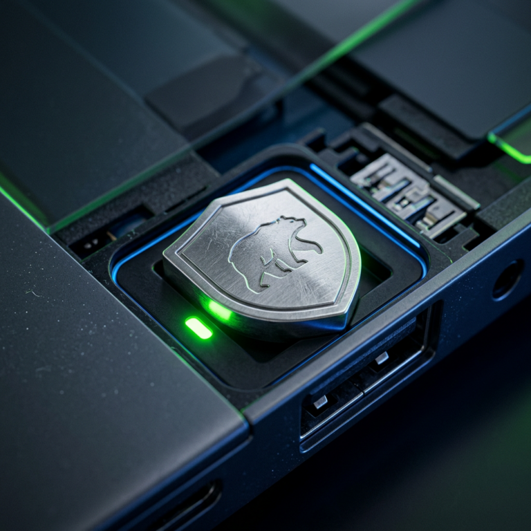 Триал-ключ Kaspersky, вставленный в ноутбук, зеленый светодиод