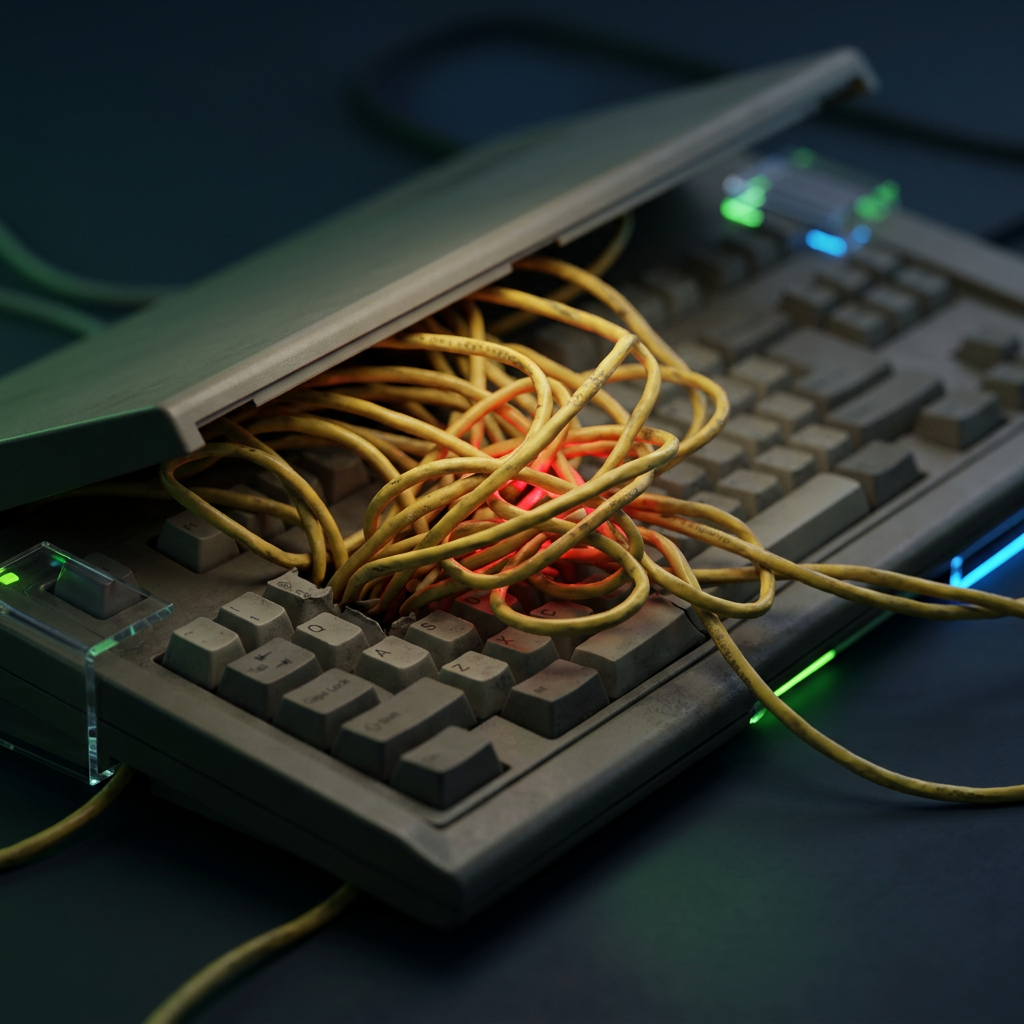 Сетевой кабель, оплетённый вокруг клавиатуры, иллюстрирует DDoS-атаку червя Морриса.