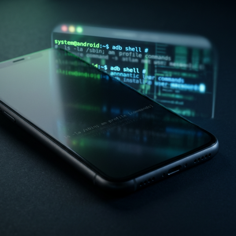 Экран смартфона с невидимым текстом и отражением командной строки