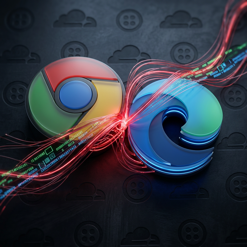 Браузеры Chrome и Edge, опутанные зловещими цифровыми линиями, символизирующими скрытый C2-трафик msaRAT