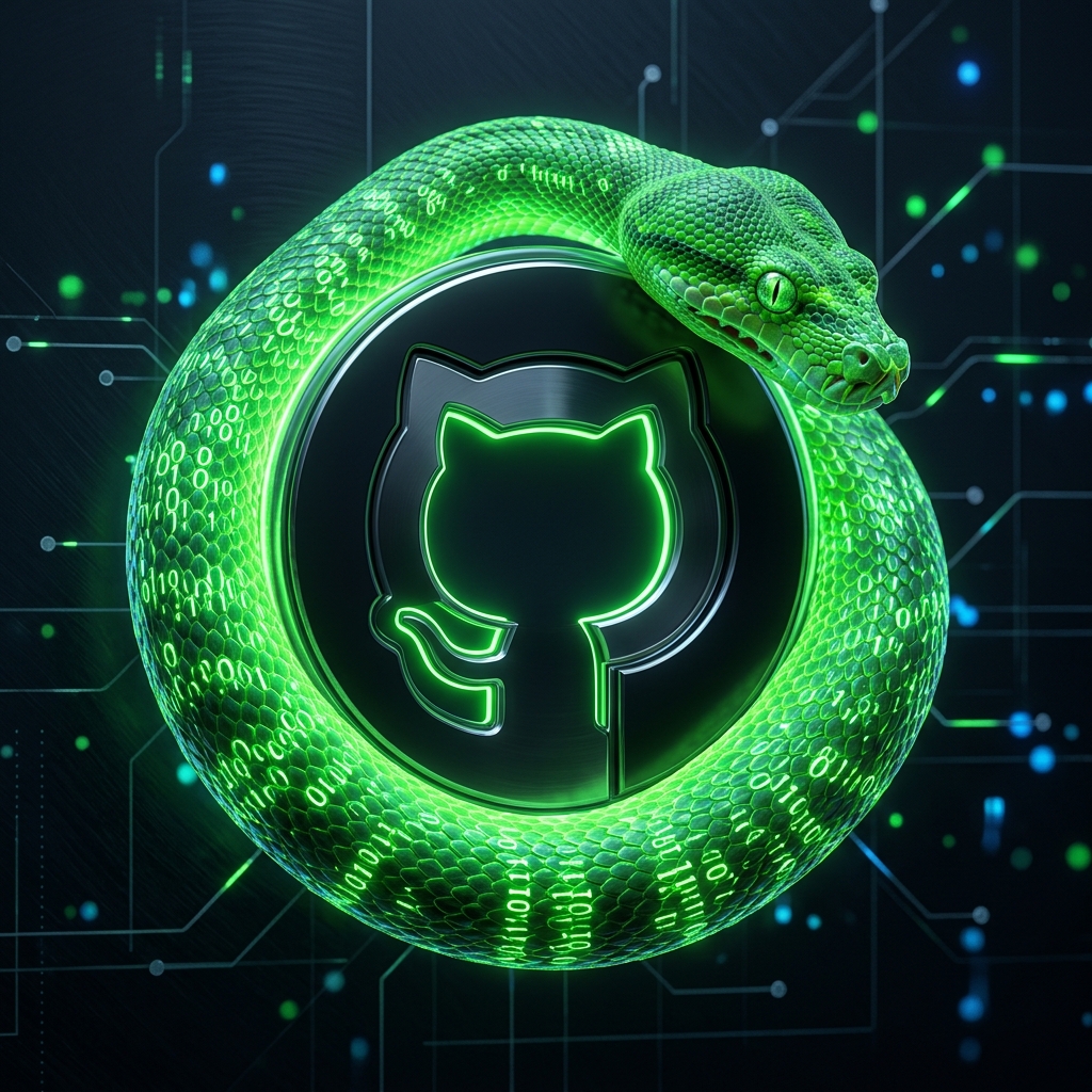 Зелёная змея обвивает логотип GitHub на тёмном фоне