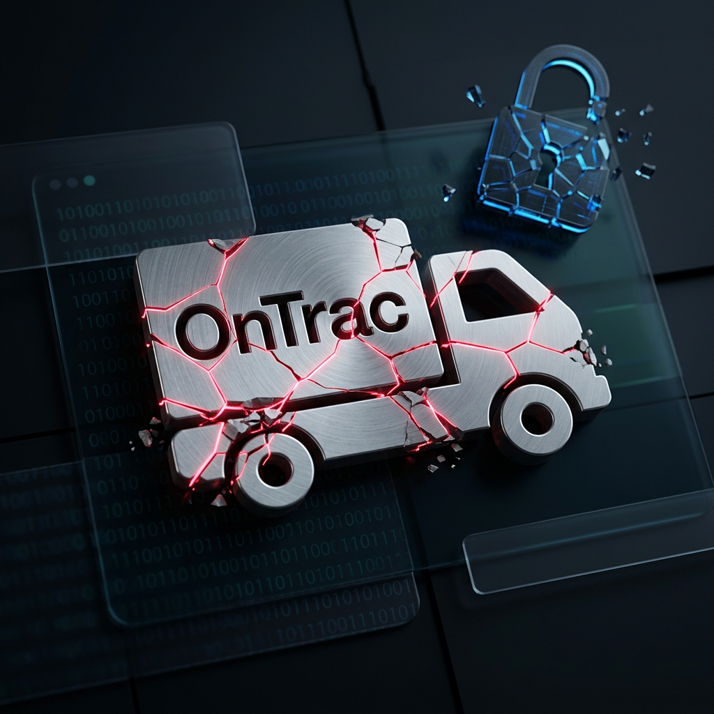 Эмблема OnTrac с трещинами и цифровыми разрывами, символизирующая утечку данных