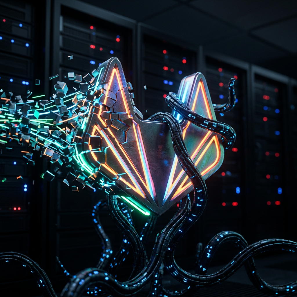Emblem GitLab, опутанный цифровыми щупальцами, на фоне потока данных — концептуальное изображение уязвимости удаленного выполнения кода