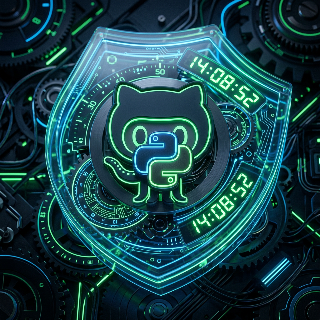 Логотипы GitHub и Python, объединённые щитом с часовым механизмом, символизирующим временную защиту от атак на цепочки поставок.