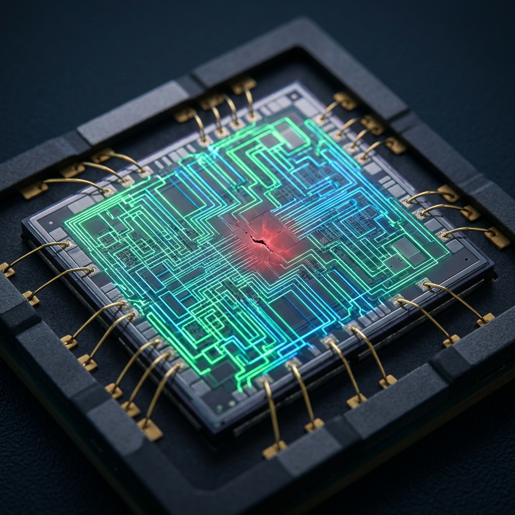 Микрофото чипа Analog Devices с визуализацией утечки данных