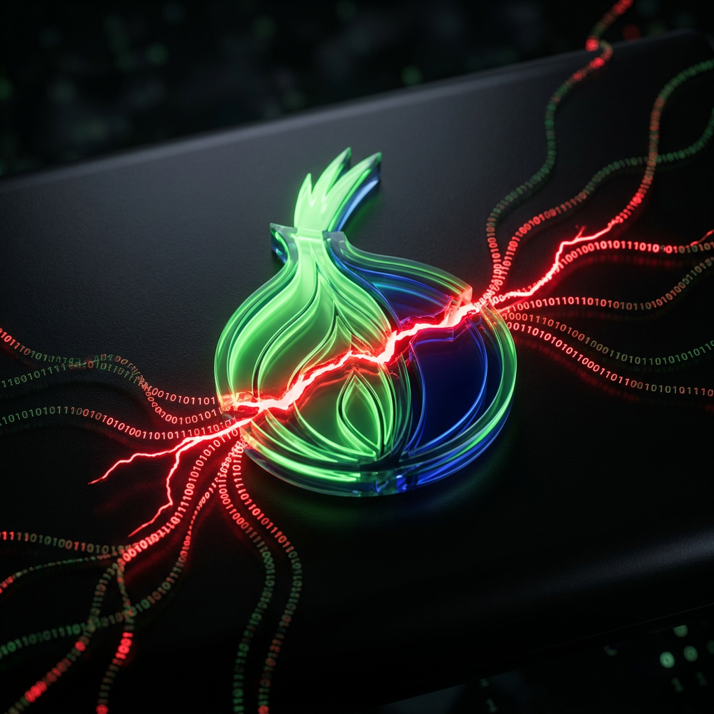 Логотип Tor Browser, раскалывающийся под ударом вредоносного кода на тёмном фоне