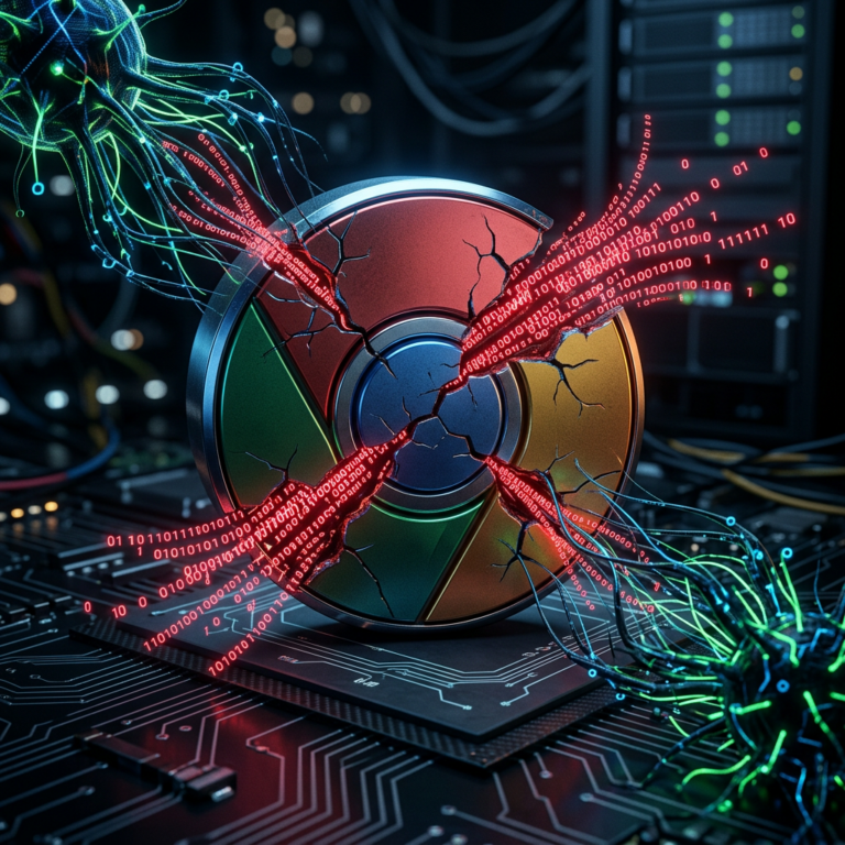 Логотип Chrome с трещинами и утечкой цифрового кода, символизирующий уязвимости браузера
