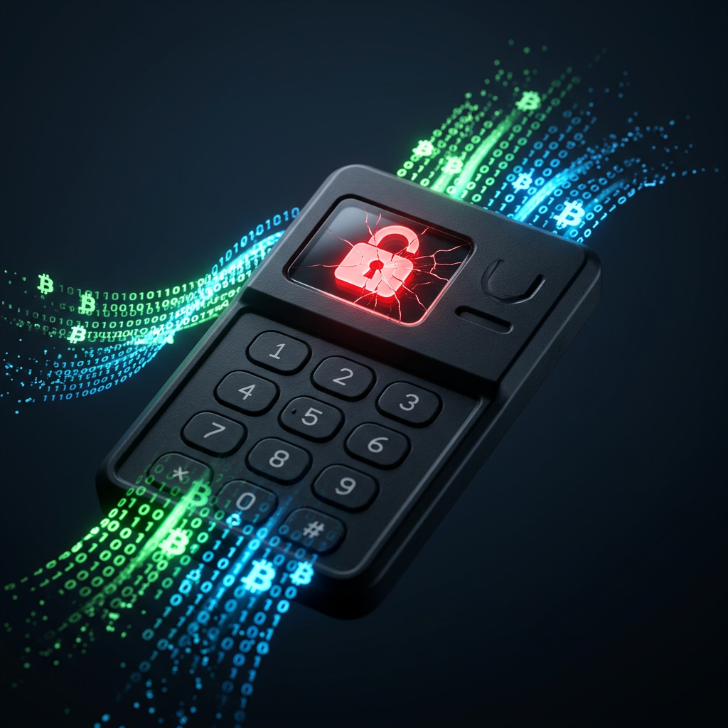 Аппаратный кошелёк Coldcard с треснувшим замком на фоне биткоин-символов и бинарного кода