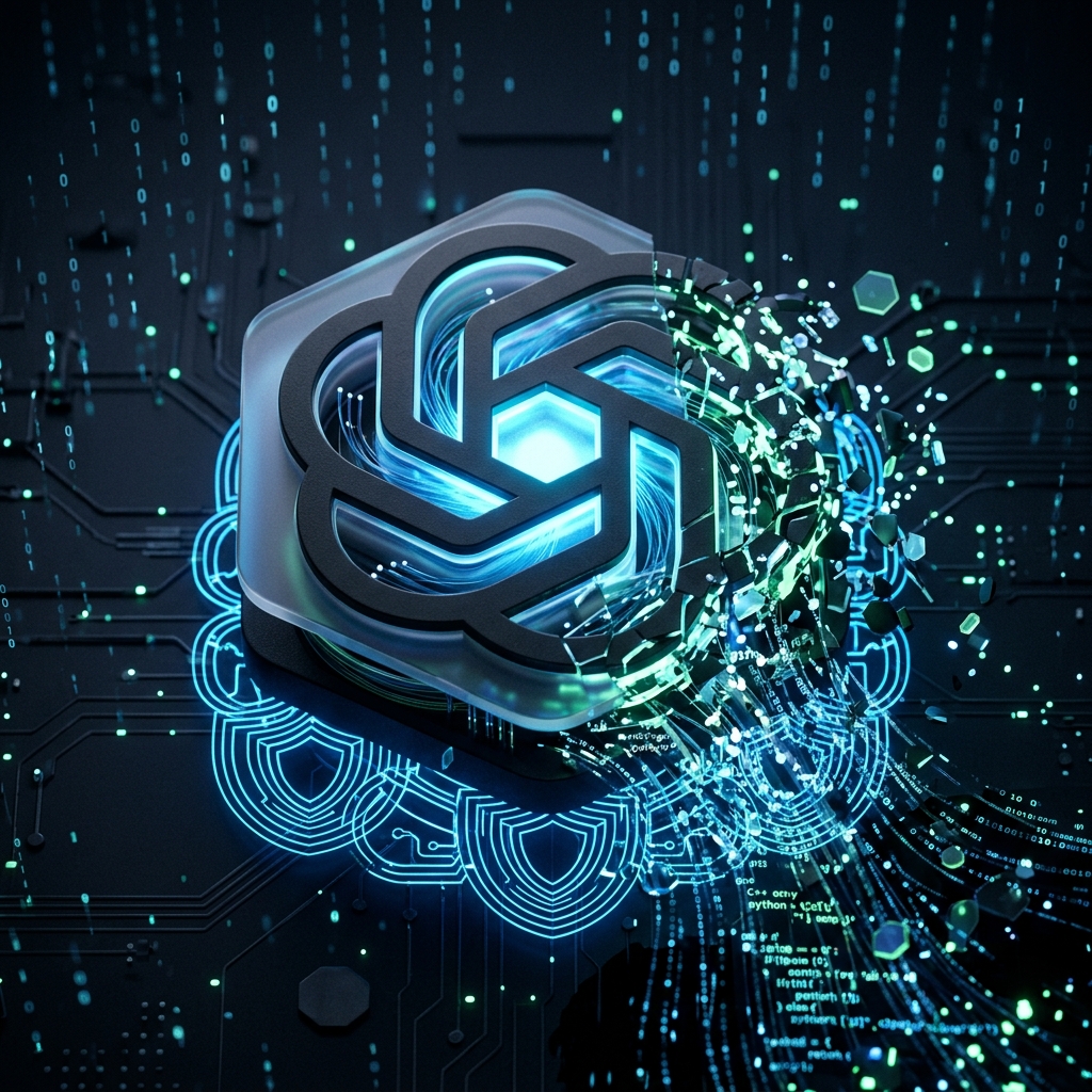 Эмблема OpenAI на фоне кибер-щита и цифрового кода