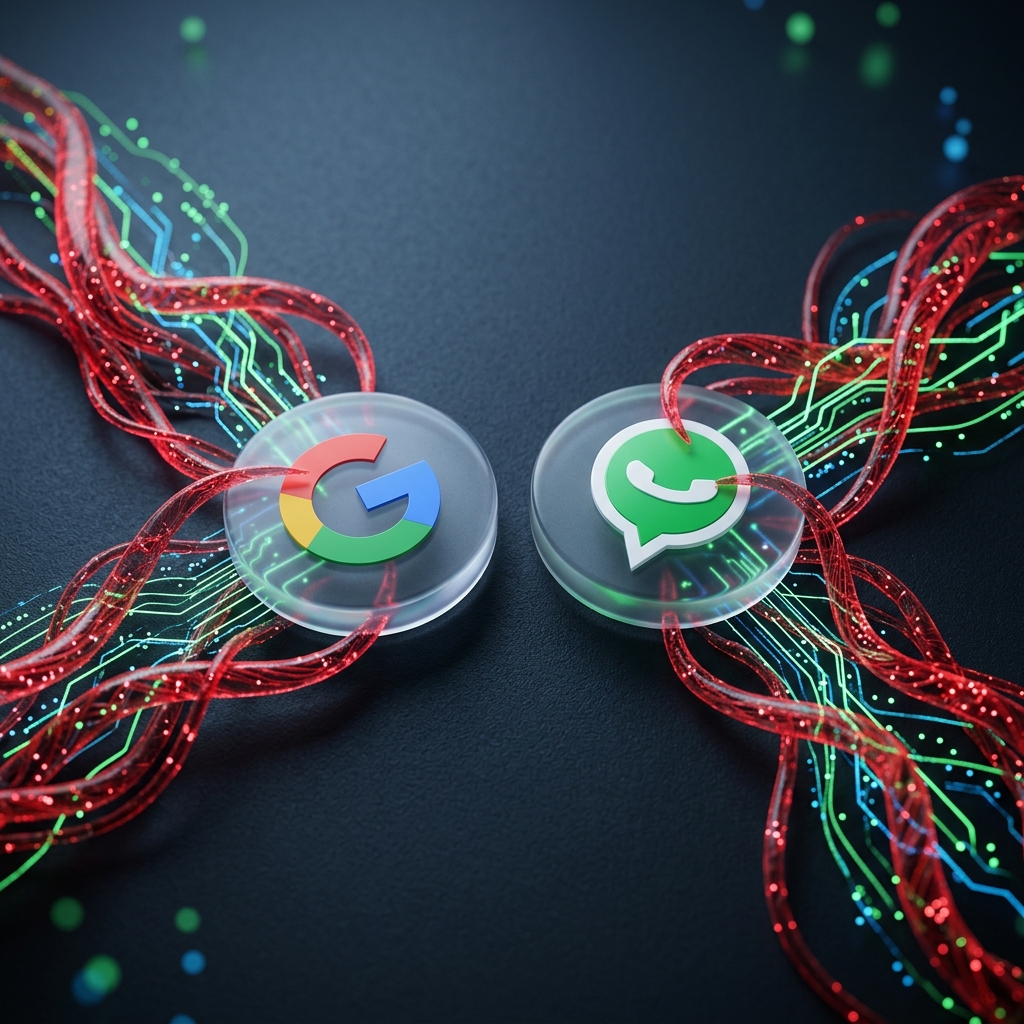 Символы Google OAuth и WhatsApp, оплетённые красными кибернетическими щупальцами, на тёмном фоне с неоновыми акцентами