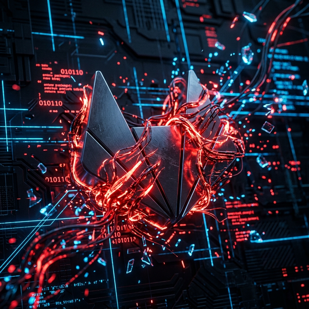 Эмблема GitLab в окружении красных цифровых щупалец, символизирующих кибератаку