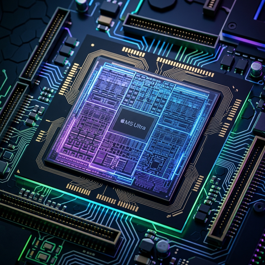 Макро-снимок чипа Apple M5 Ultra с неоновой подсветкой