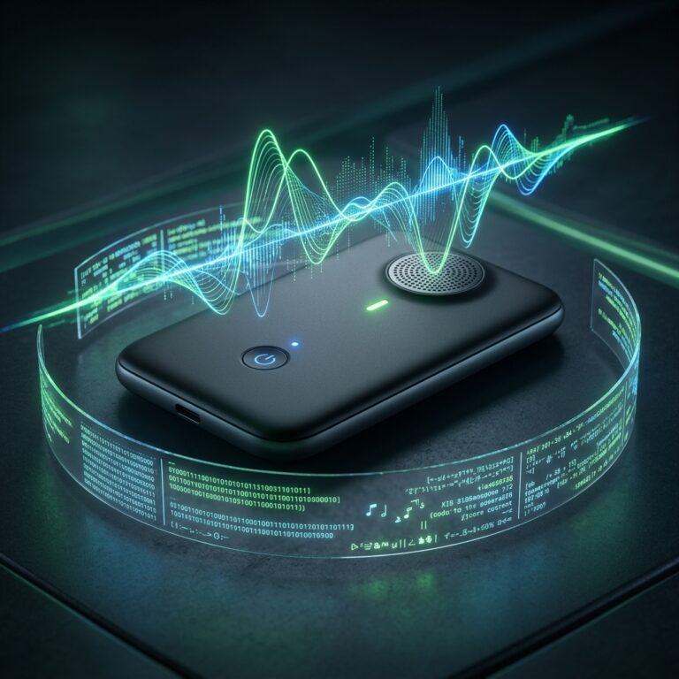 Макро-снимок ИИ-диктофона Comulytic Note Pro с голографическими звуковыми волнами