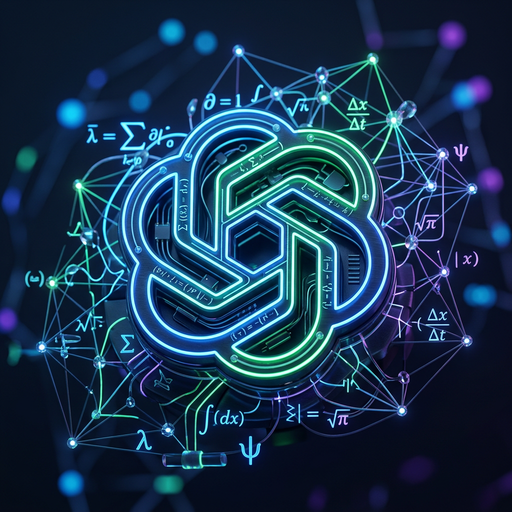 Логотип OpenAI в окружении математических формул и нейросетевых узлов