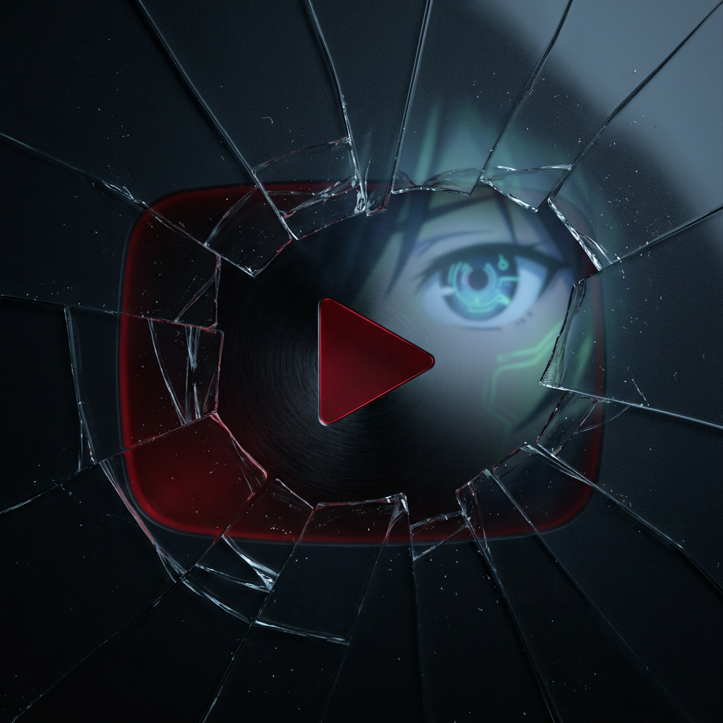 Макро-снимок логотипа YouTube с трещинами, символизирующий конфликт из-за авторских прав
