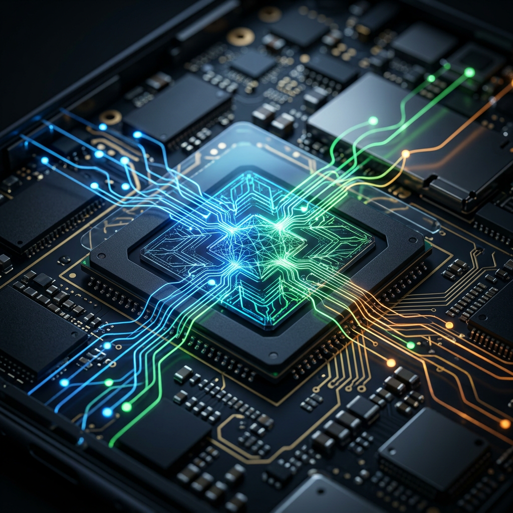 Макро-снимок чипа Arm Mali G2-Ultra NX с нейрографикой