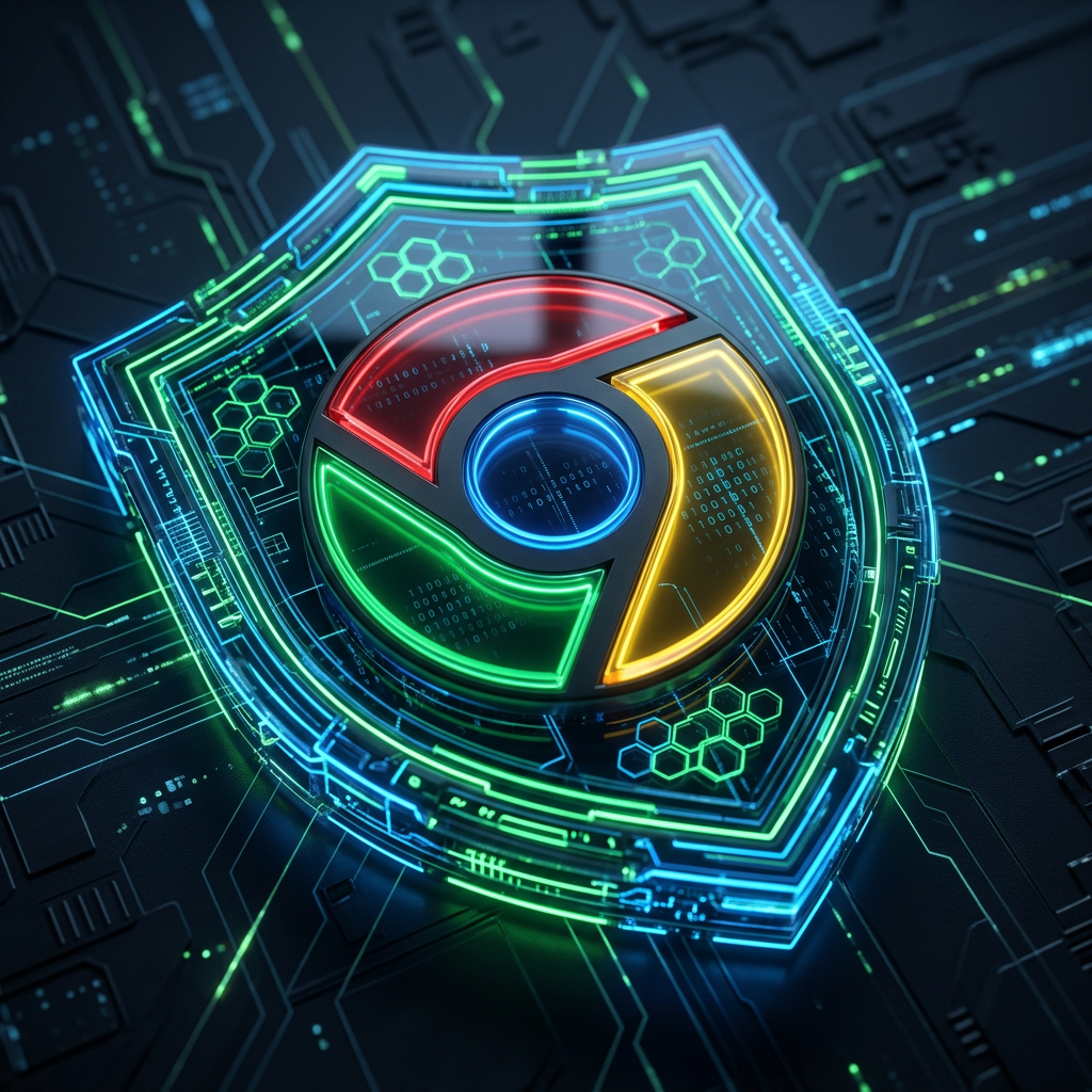 Макро-снимок эмблемы Chrome с цифровым щитом и бинарным кодом